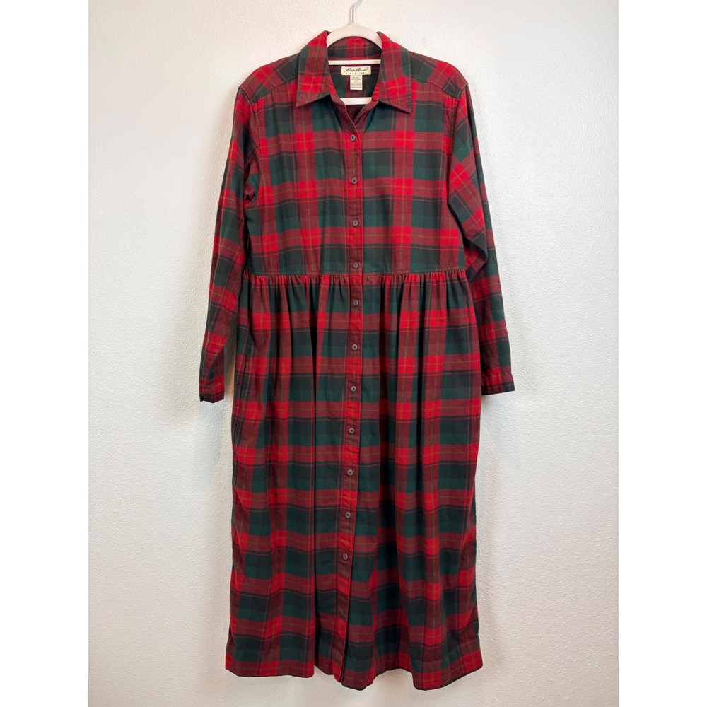 Eddie Bauer Dress Red Green Plaid Flannel Button Front Maxi Large 100% Cotton